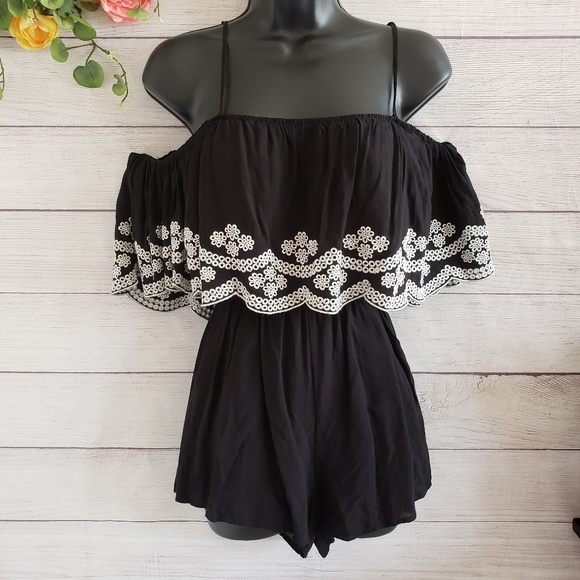 Forever 21 Pants - Forever 21 | Black Off-Shoulder Embroidered Romper